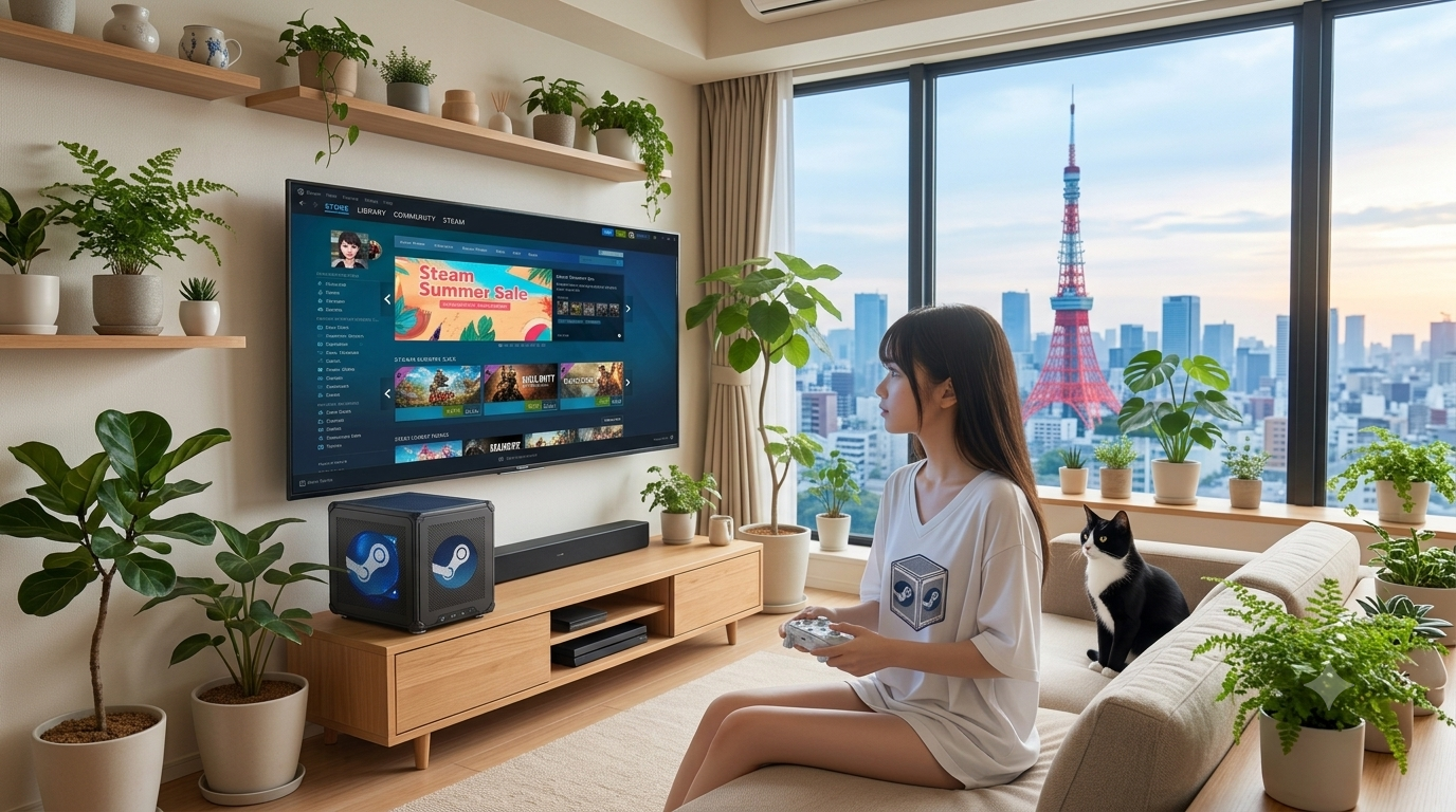 MAQ SteamOS Gaming PC 客廳實境：電視上的 Steam 介面與桌上的方塊主機